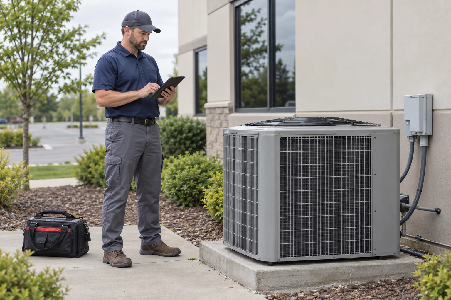 An HVAC contractor documents an outdoor equipment assessment.